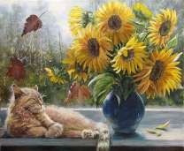 Без бренда «Подсолнухи в синей вазе возле кота» в Красноярске