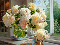 Без бренда «Ваза с букетом белых пионов у окна» в Красноярске