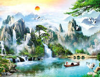 Журавли на озере и солнце над горами