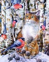 Рыжий кот в лесу среди снегирей